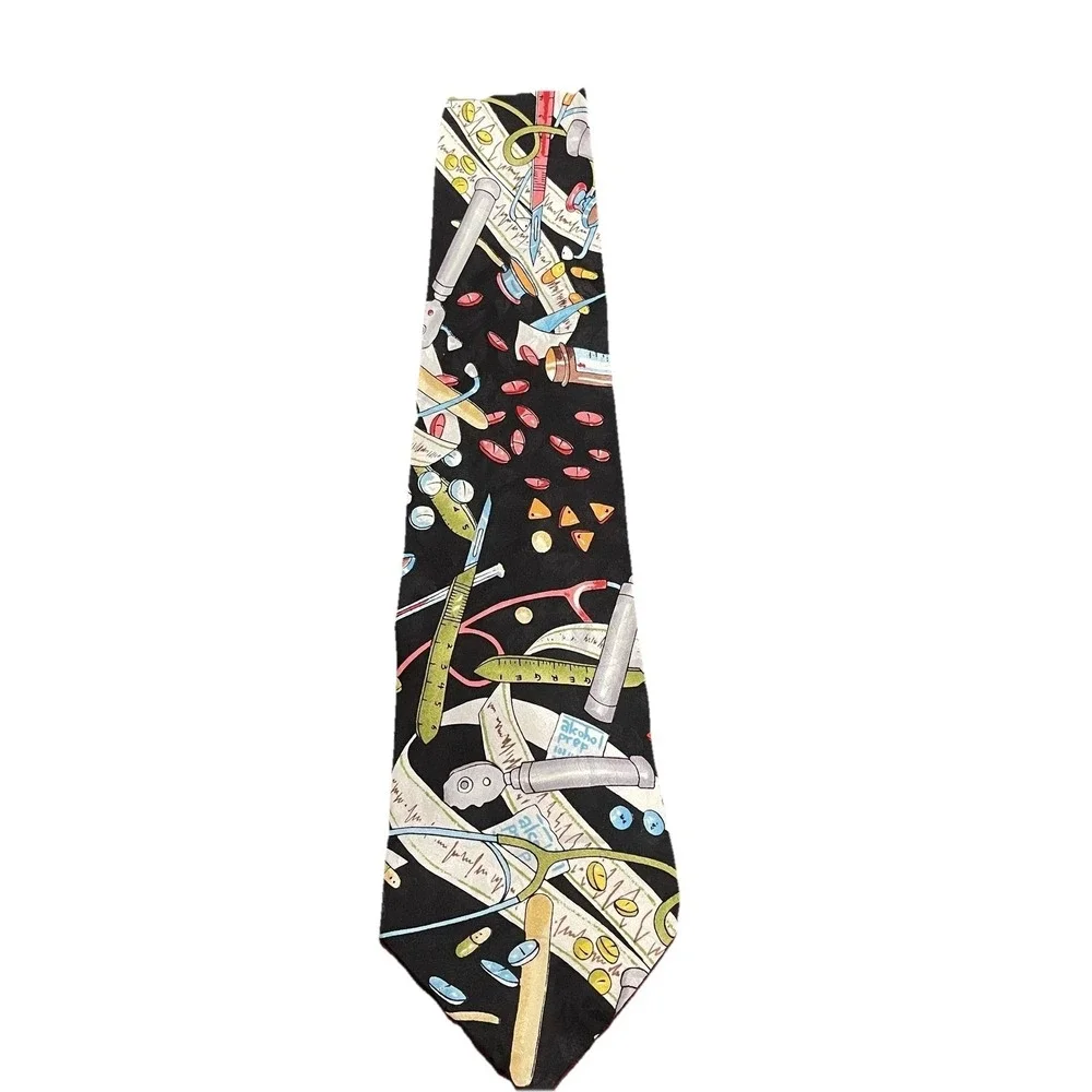 Vintage Nicole Miller Tie Mens One Size Black‎ Silk Medical Doctor Nurse 90s